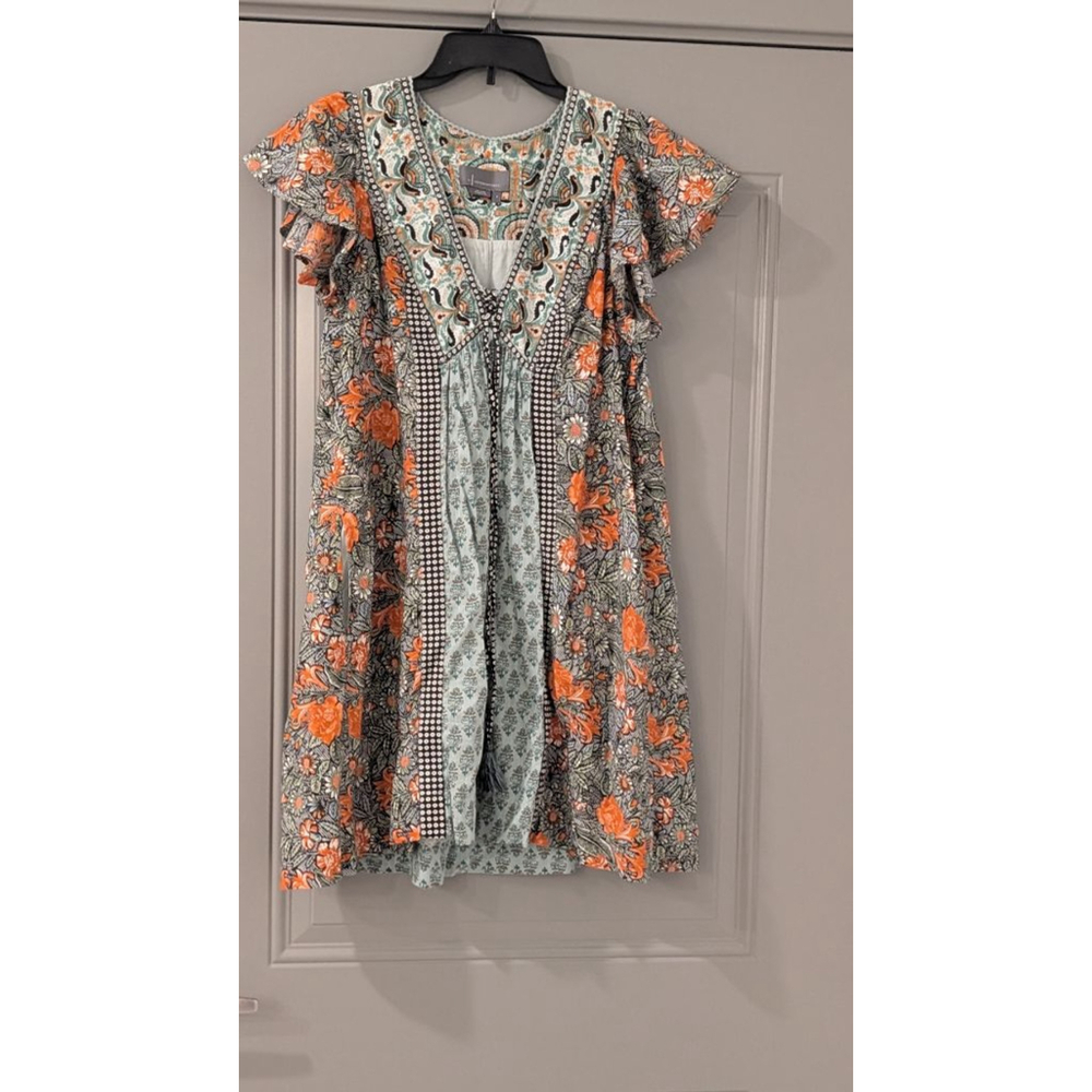 Anthropologie Floral Mini Dress in Orange and Mint